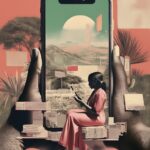 Woman using smartphone inside large device frame, representing mobile-first strategies in digital marketing services.